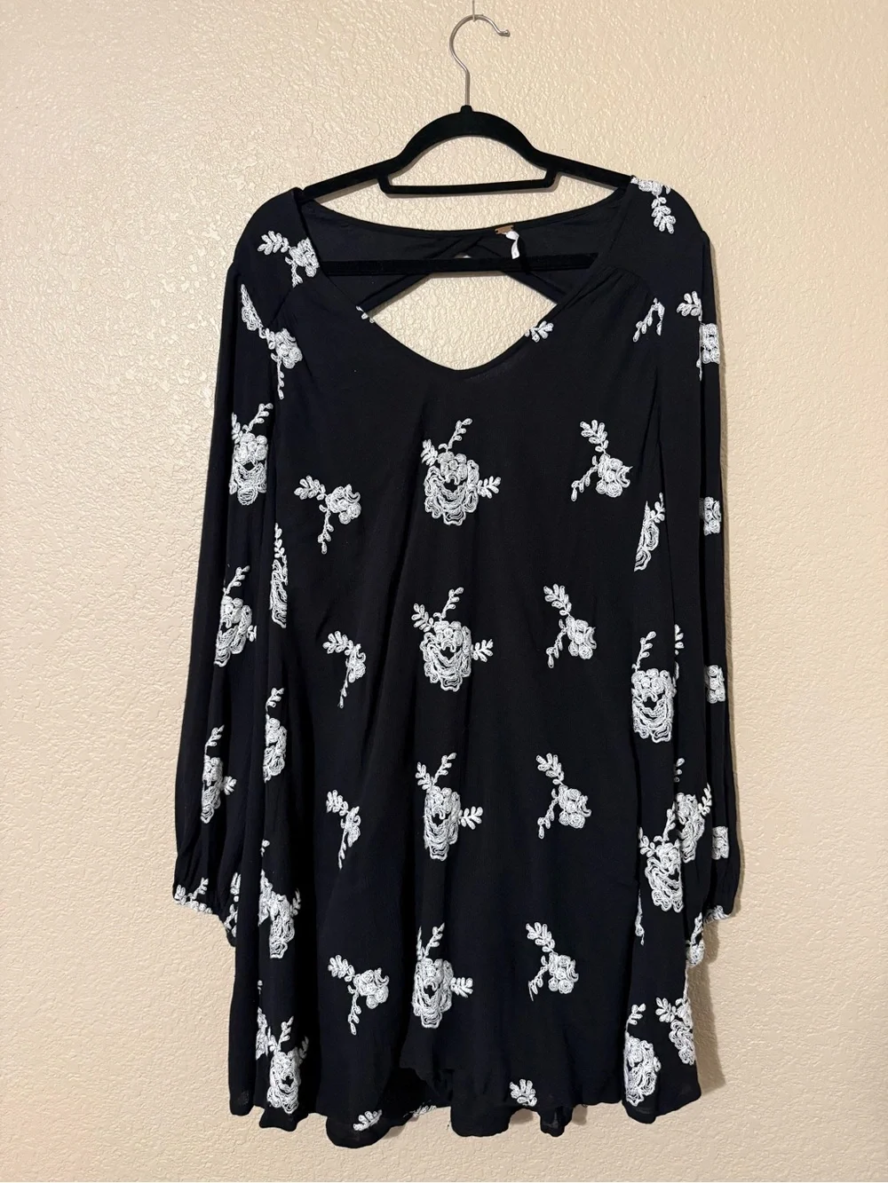 Free People Black Mini Dress with White Floral Embroidery